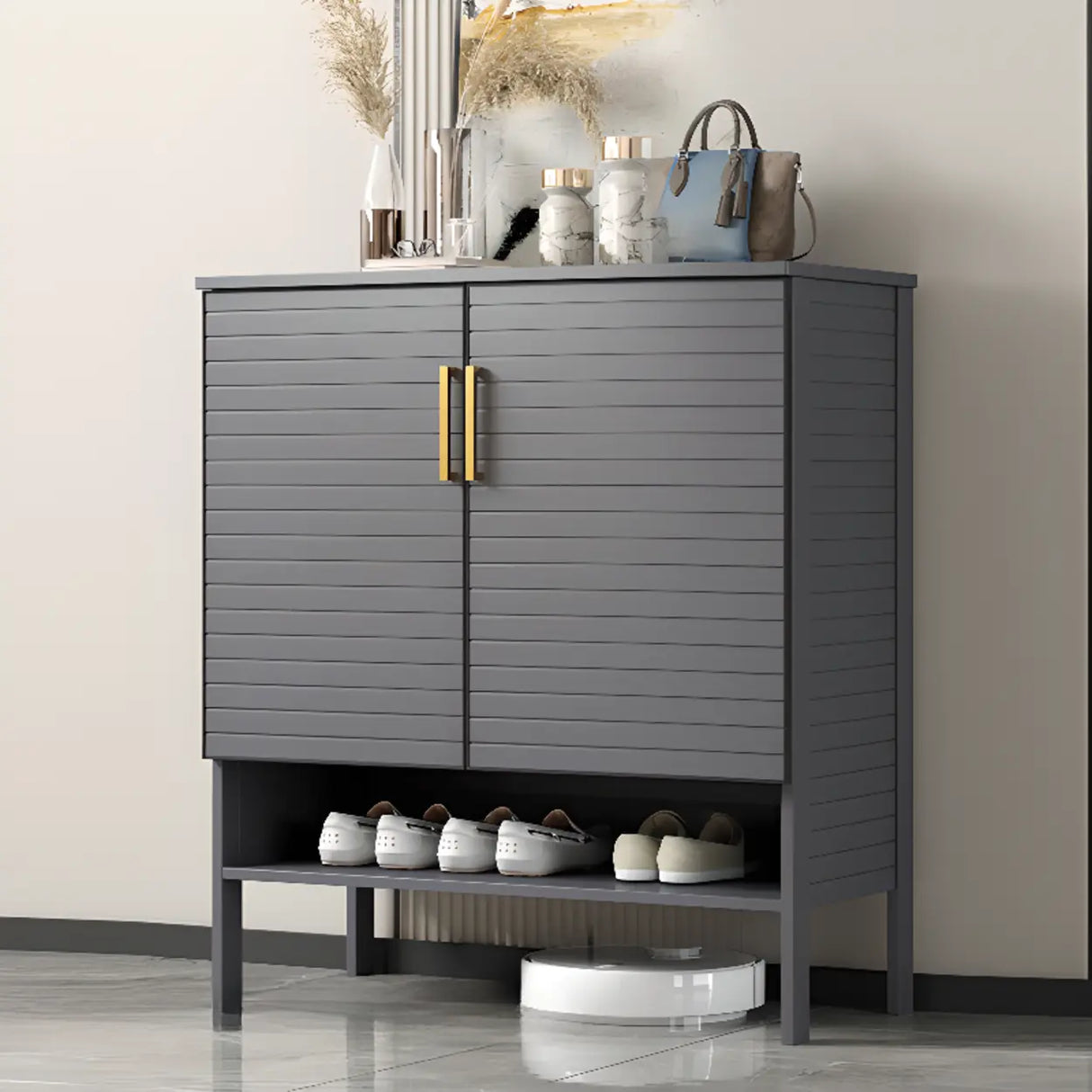 Modern Rectangle Wood Hallway Grey Large Shoe Cabinet Image - 3