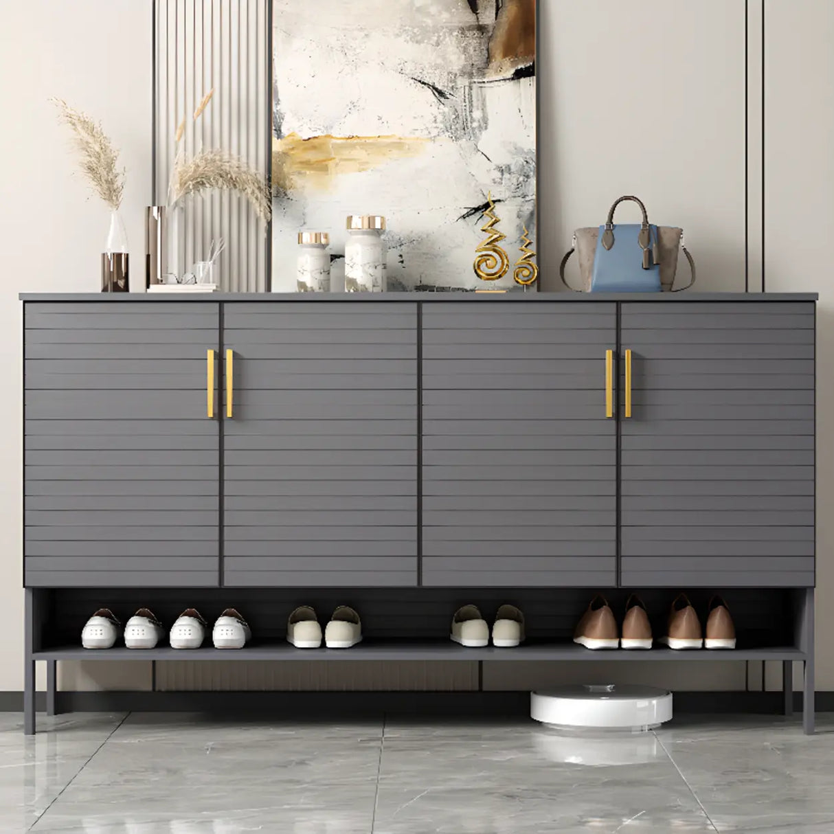 Modern Rectangle Wood Hallway Grey Large Shoe Cabinet Image - 4