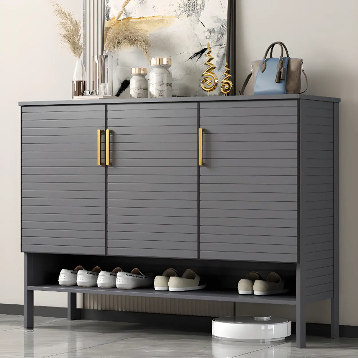 Modern Rectangle Wood Hallway Grey Large Shoe Cabinet Image - 5
