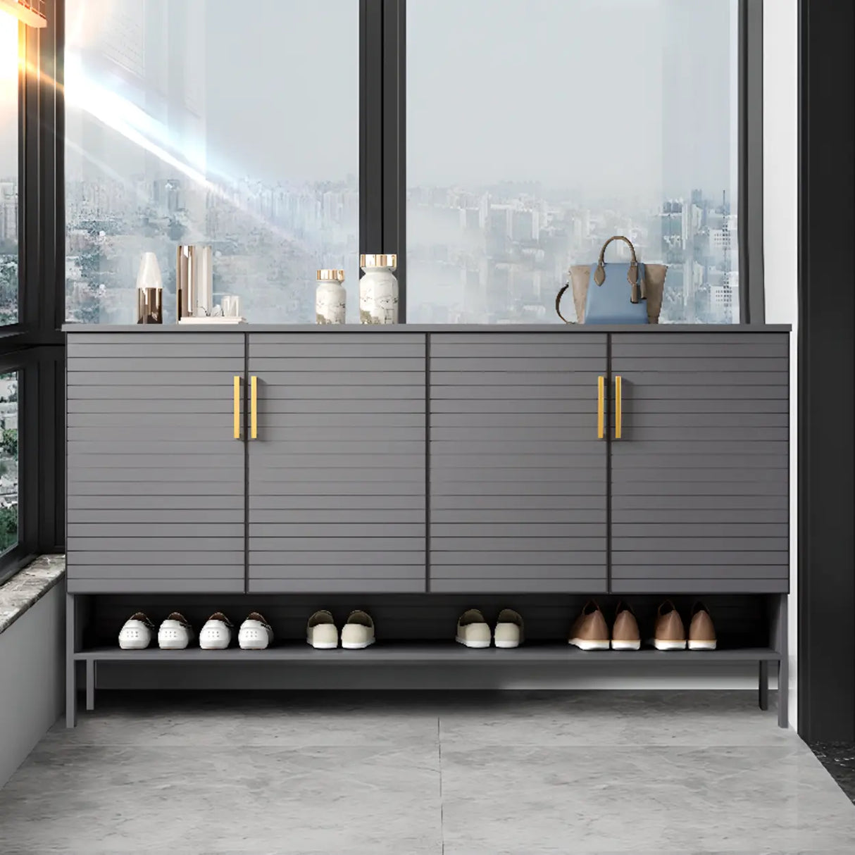 Modern Rectangle Wood Hallway Grey Large Shoe Cabinet Image - 6