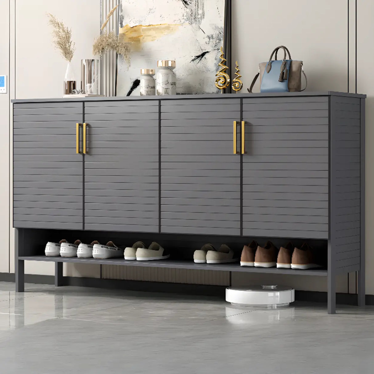 Modern Rectangle Wood Hallway Grey Large Shoe Cabinet Image - 7