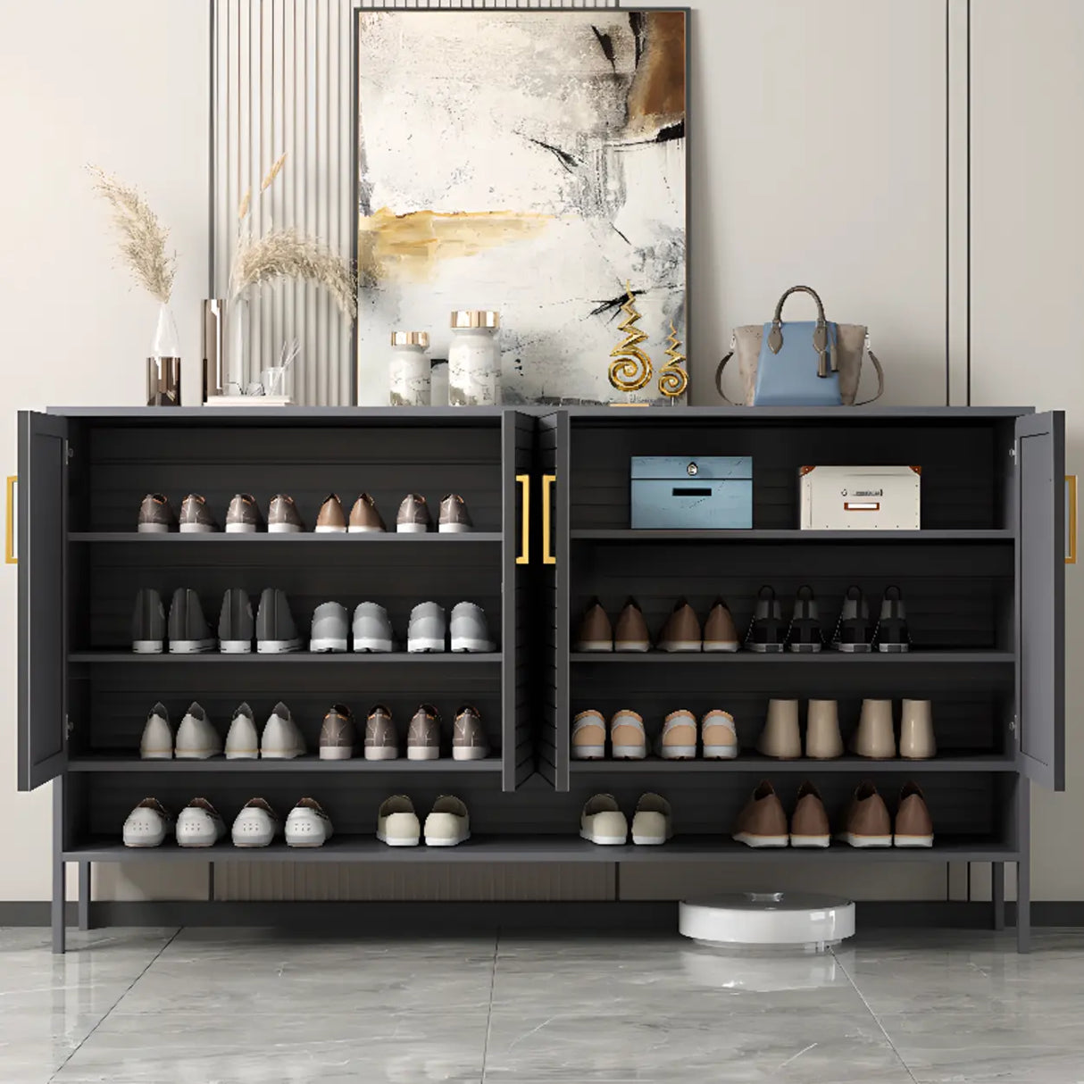 Modern Rectangle Wood Hallway Grey Large Shoe Cabinet Image - 8