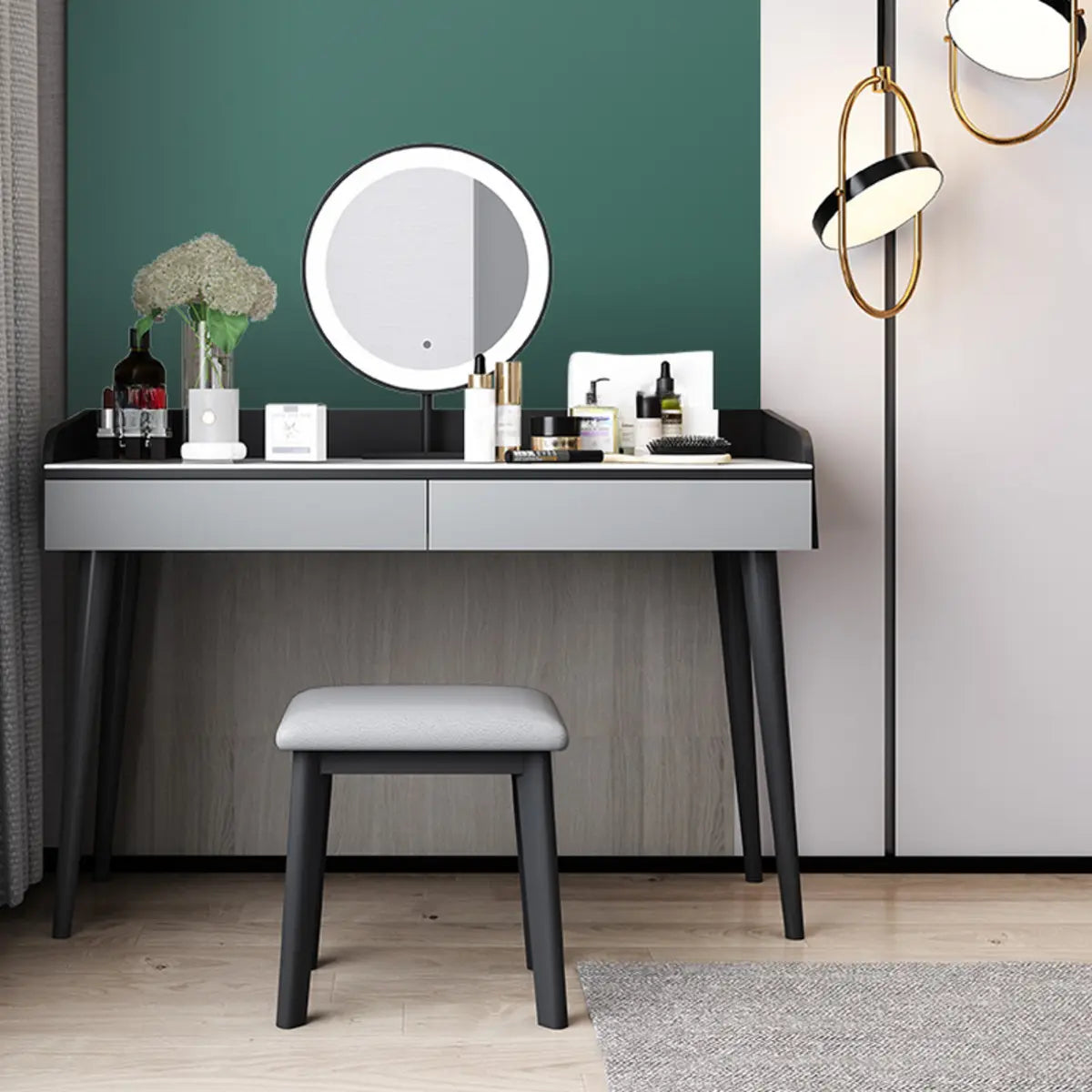 Modern Rectangle Wood LED Mirror Grey 2 Drawers Vanity Table Image - 1
