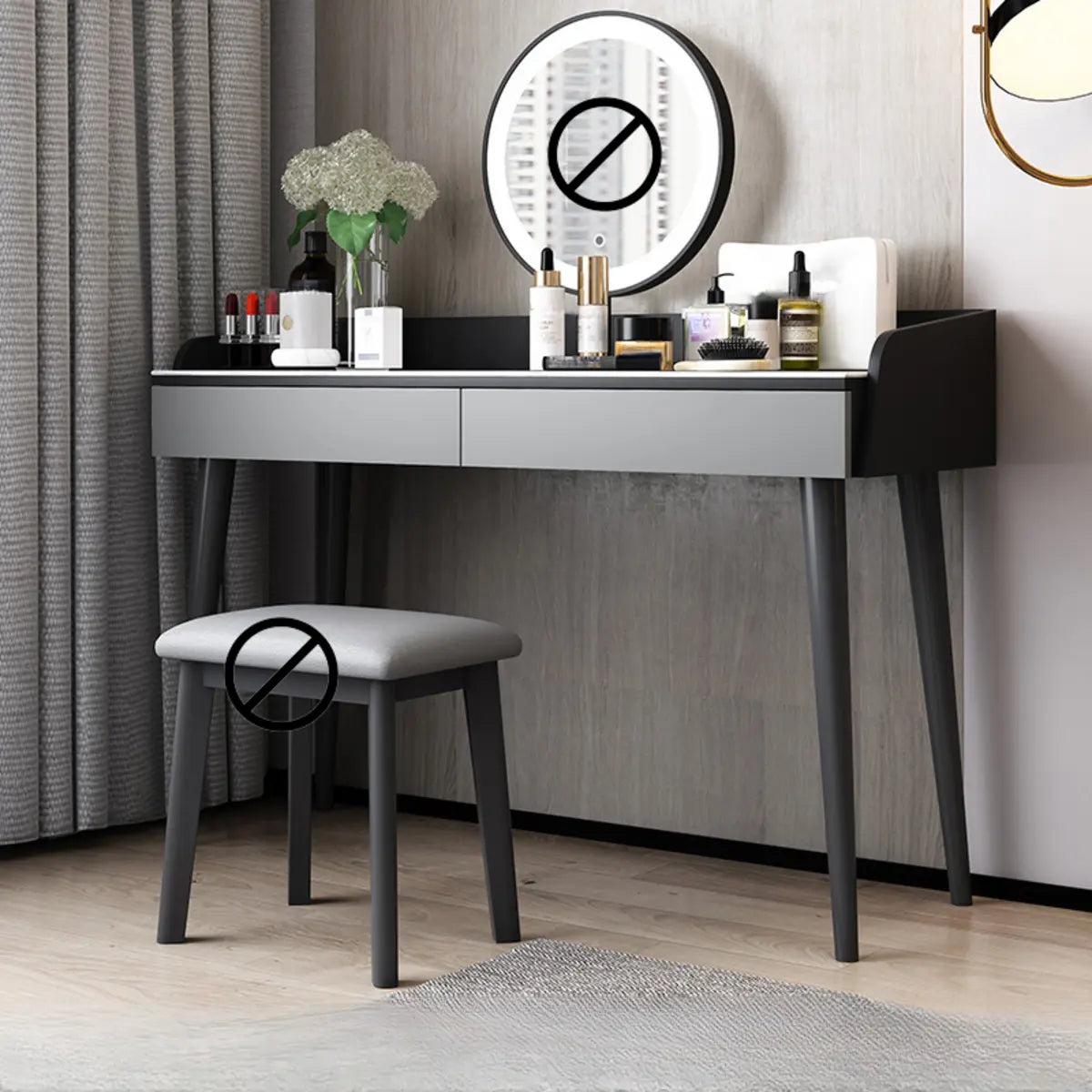 Modern Rectangle Wood LED Mirror Grey 2 Drawers Vanity Table Image - 2