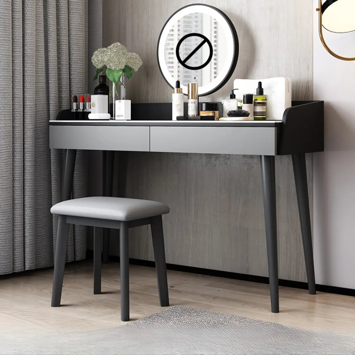 Modern Rectangle Wood LED Mirror Grey 2 Drawers Vanity Table Image - 3