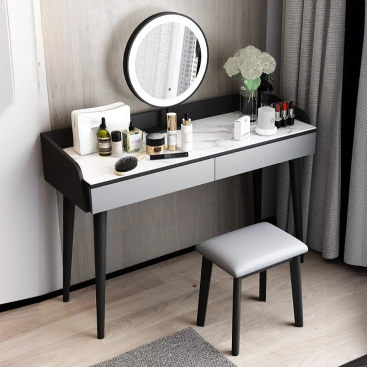 Modern Rectangle Wood LED Mirror Grey 2 Drawers Vanity Table Image - 4