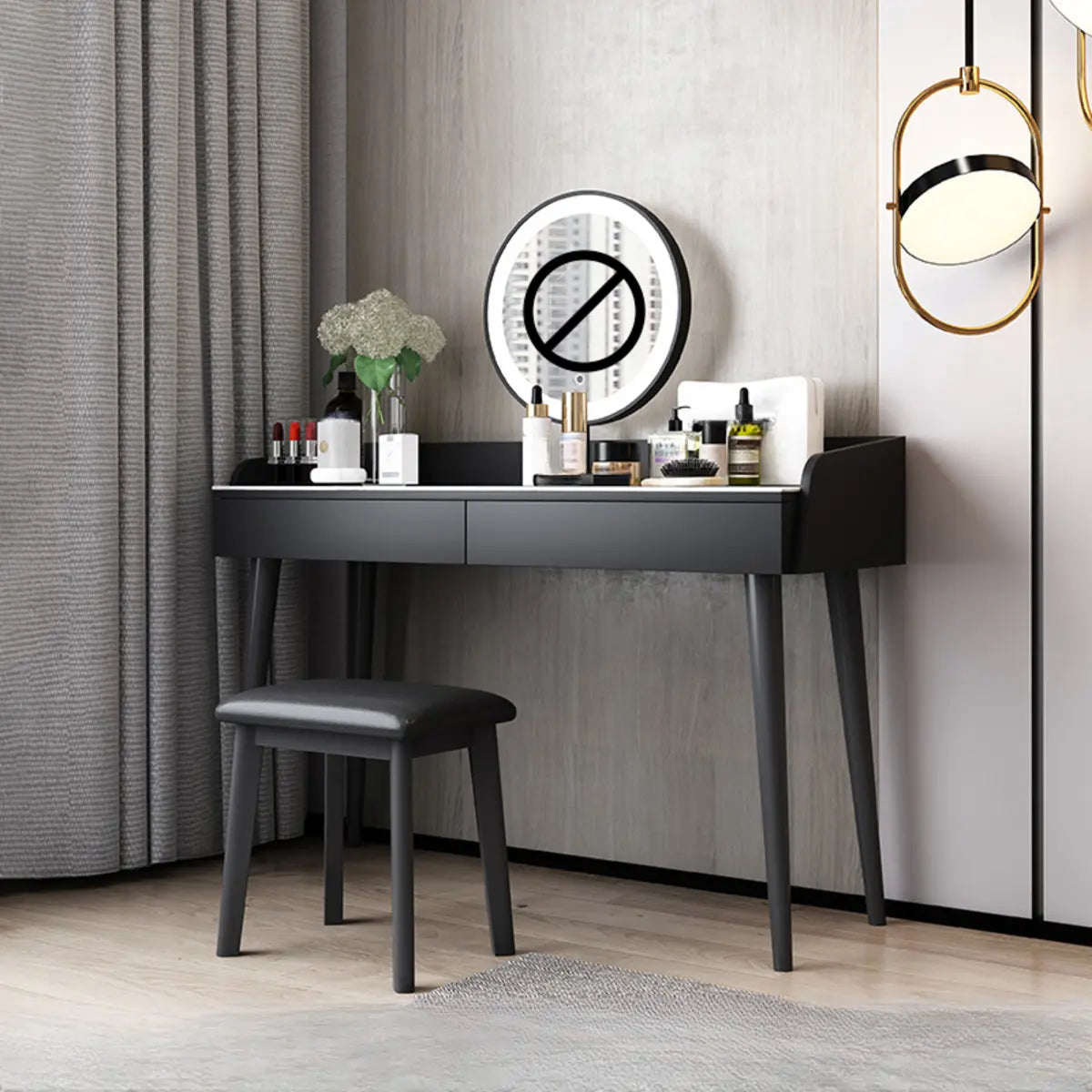 Modern Rectangle Wood LED Mirror Grey 2 Drawers Vanity Table Image - 7