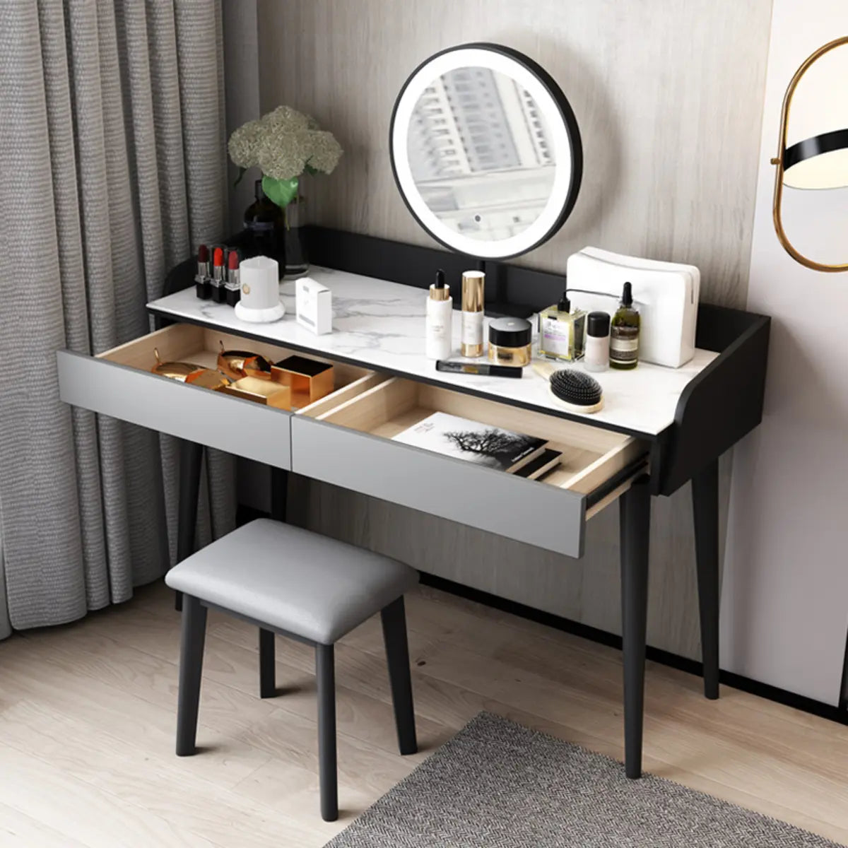 Modern Rectangle Wood LED Mirror Grey 2 Drawers Vanity Table Image - 8