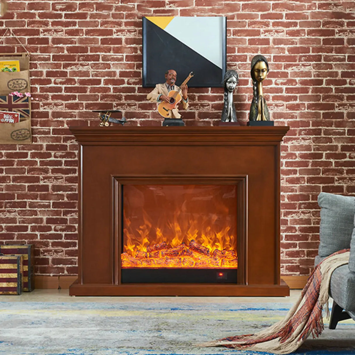 Modern Rectangle Wood Mantel Electric TV Stand Fireplace Image - 4