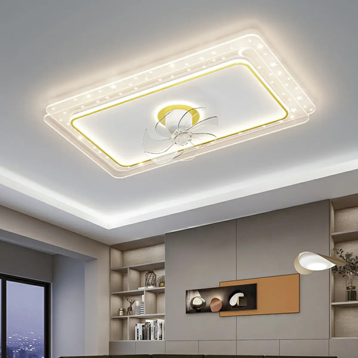 Contemporary Geometric Flush Ceiling Fan with LED Light Image - 1