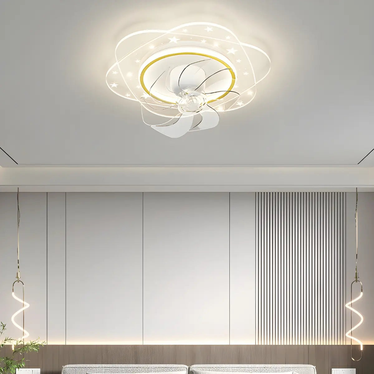 Contemporary Geometric Flush Ceiling Fan with LED Light Image - 5