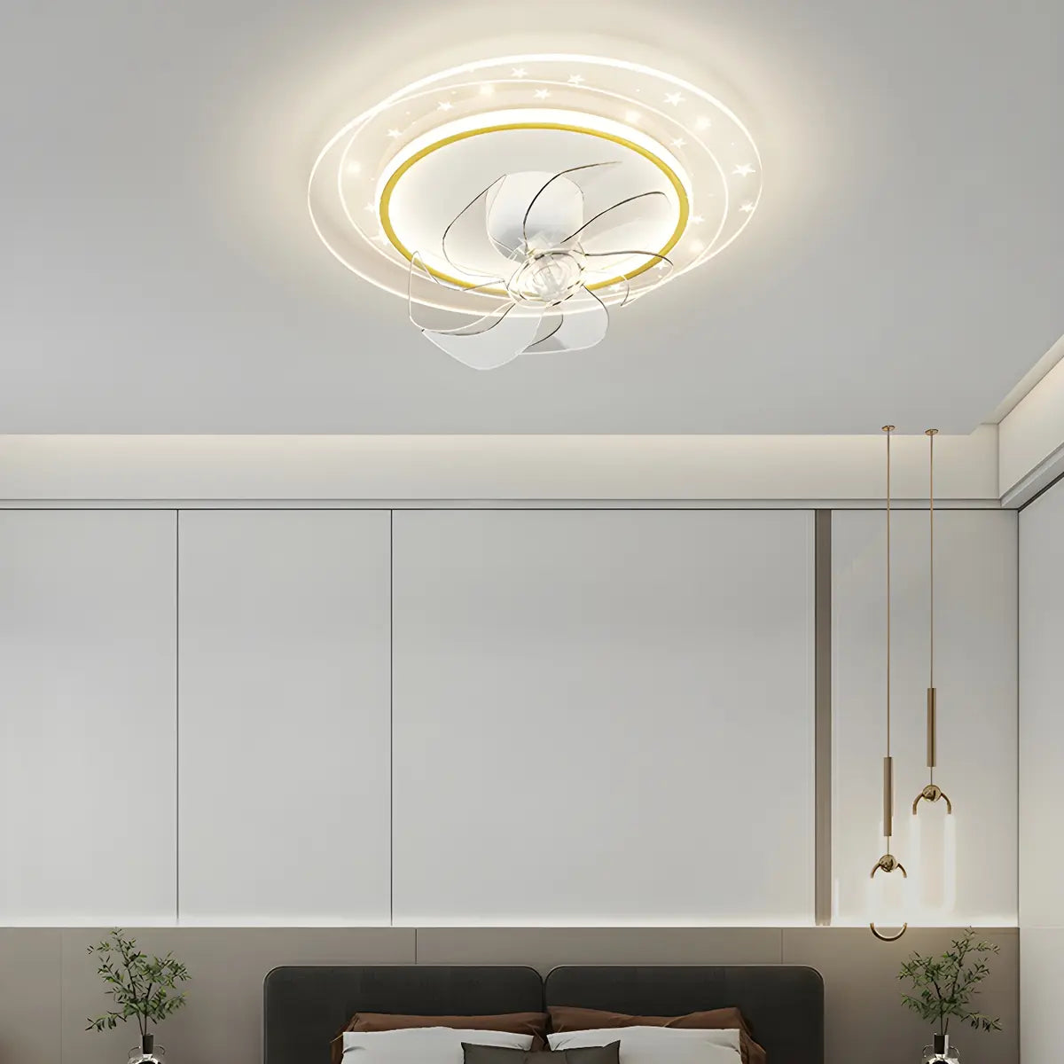 Contemporary Geometric Flush Ceiling Fan with LED Light Image - 7