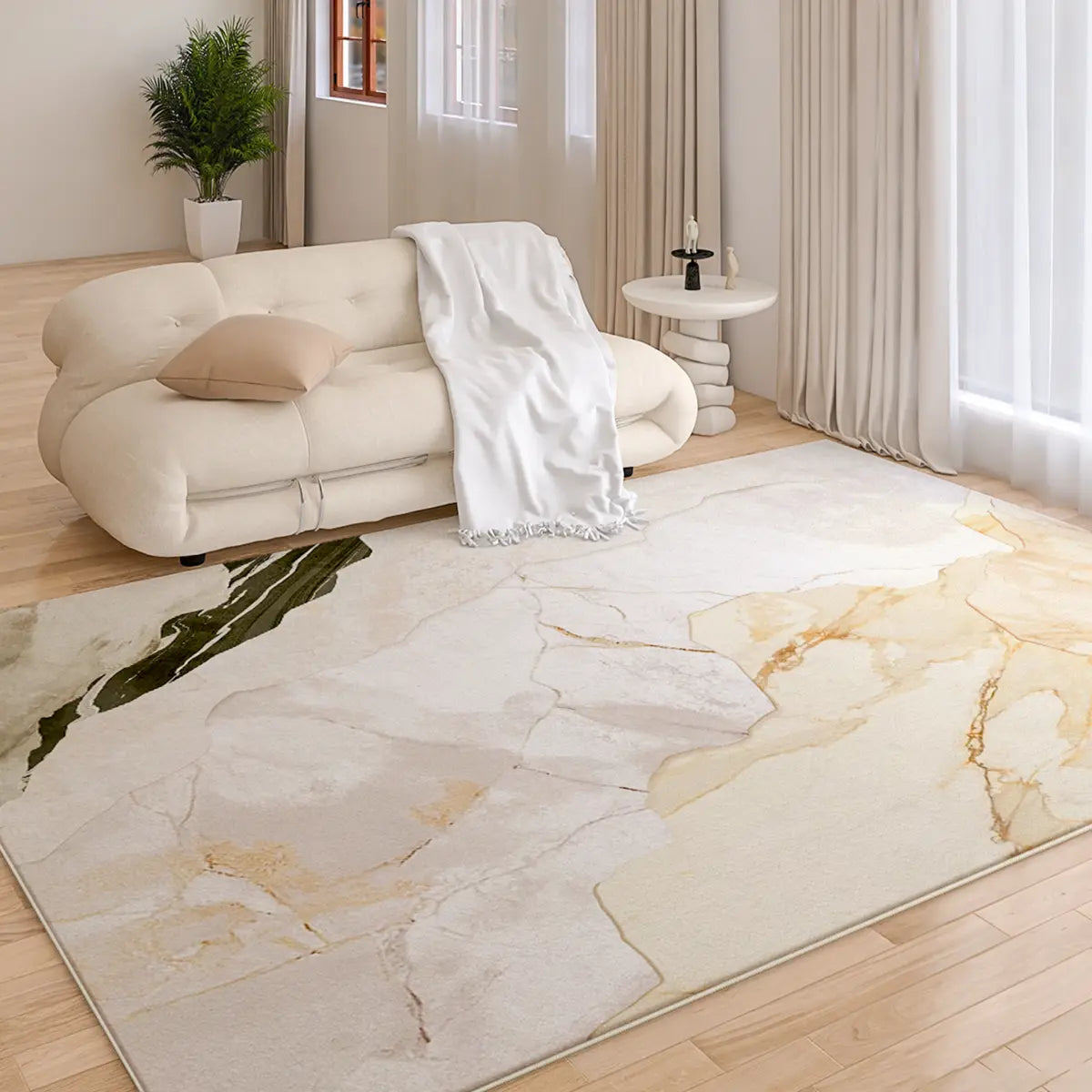 Modern Rectangular Beige Marble Pattern Area Rug Image - 3
