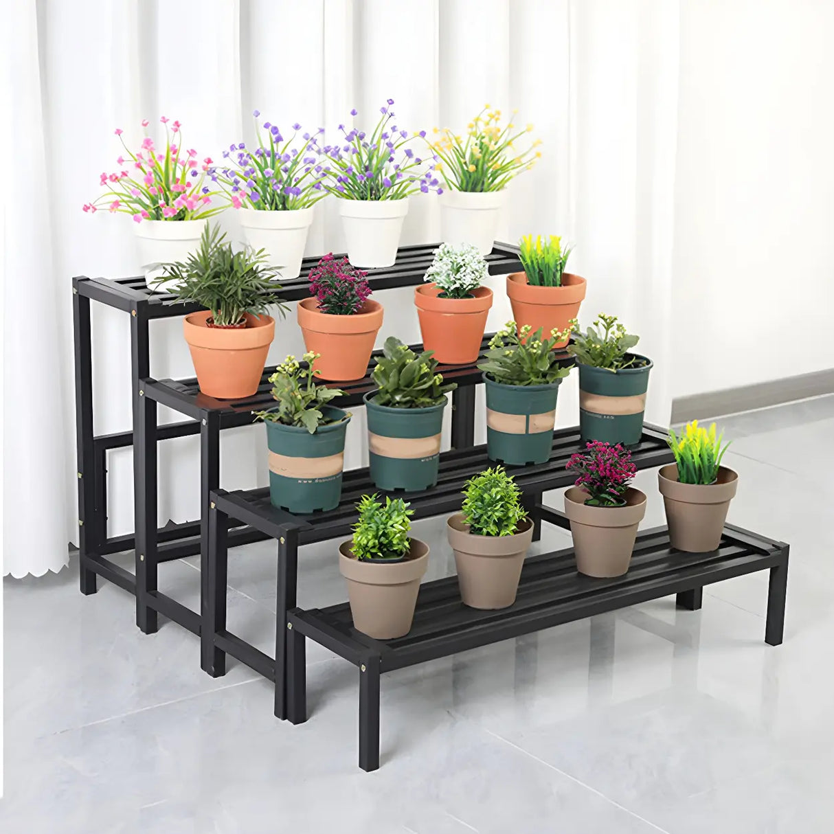 Modern Rectangular Black Metal Indoor Multi-Tier Plant Stand Image - 1