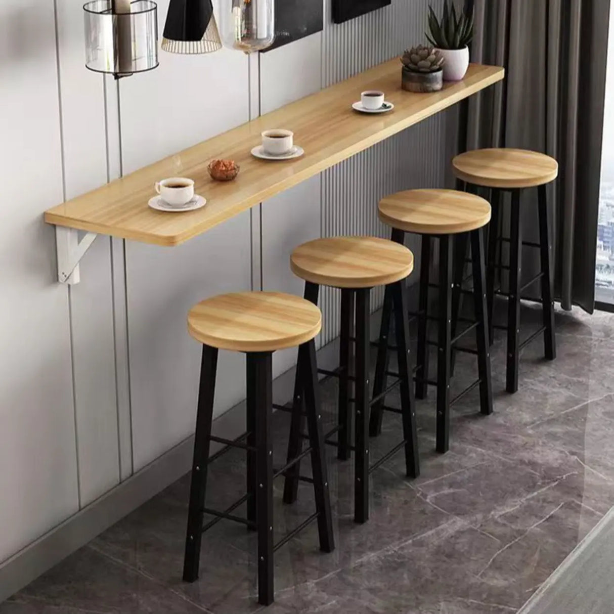 Modern Rectangular Brown Wood Wall-Mounted Bar Table Image - 6