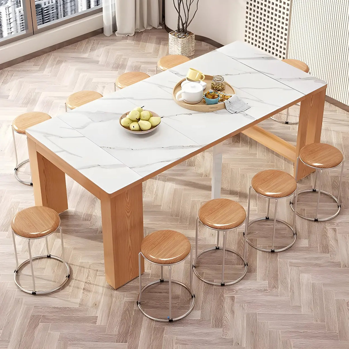 Modern Rectangular Dining Table Marble Top Extendable Image - 6