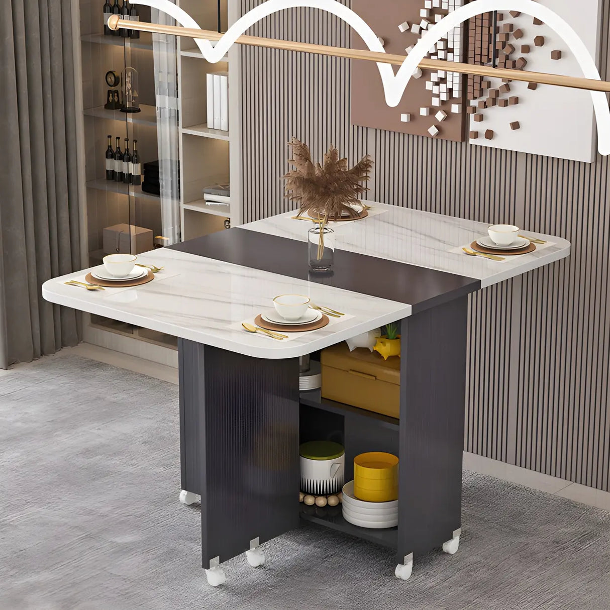 Modern Rectangular Drop-Leaf White Folding Dining Table Image - 10