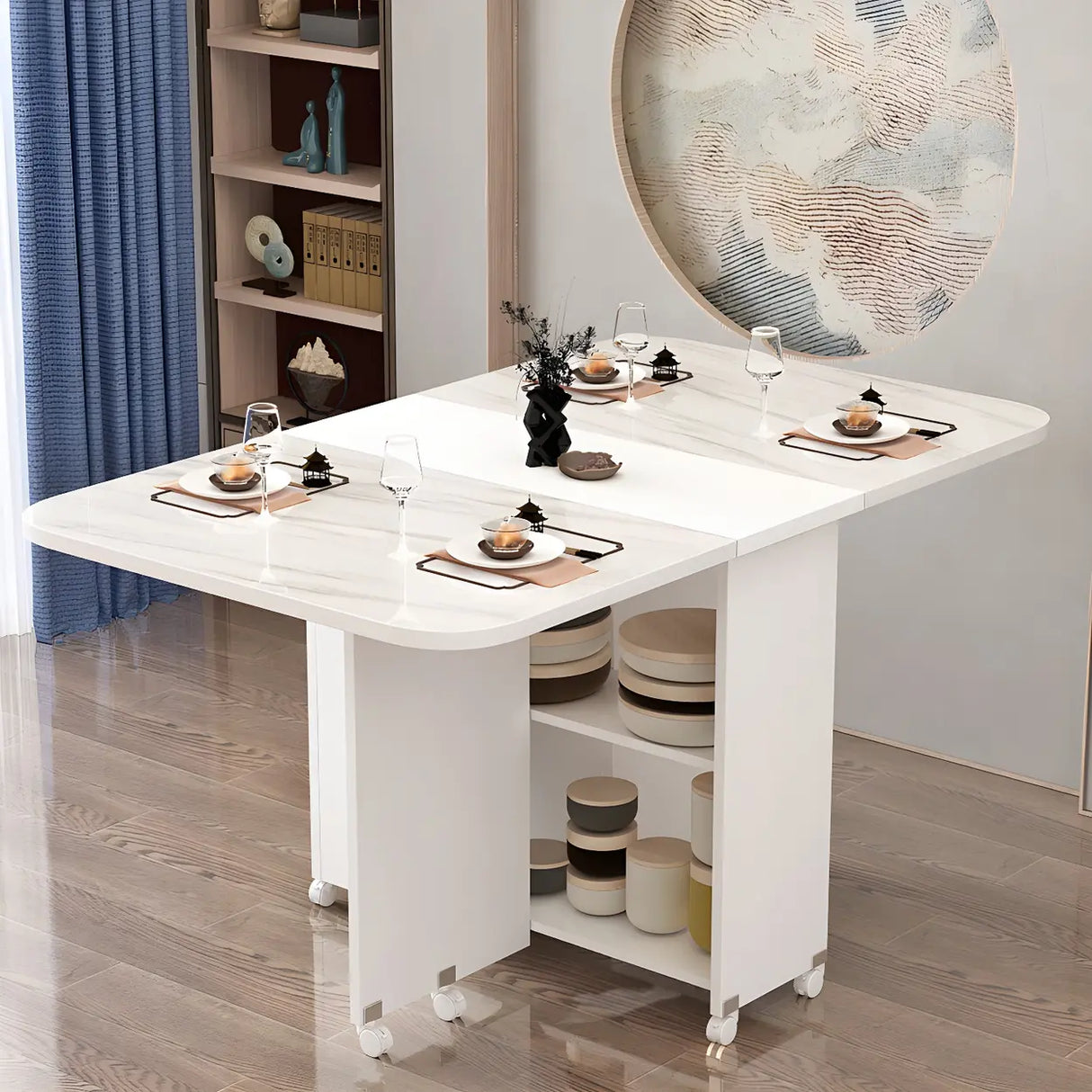 Modern Rectangular Drop-Leaf White Folding Dining Table Image - 2