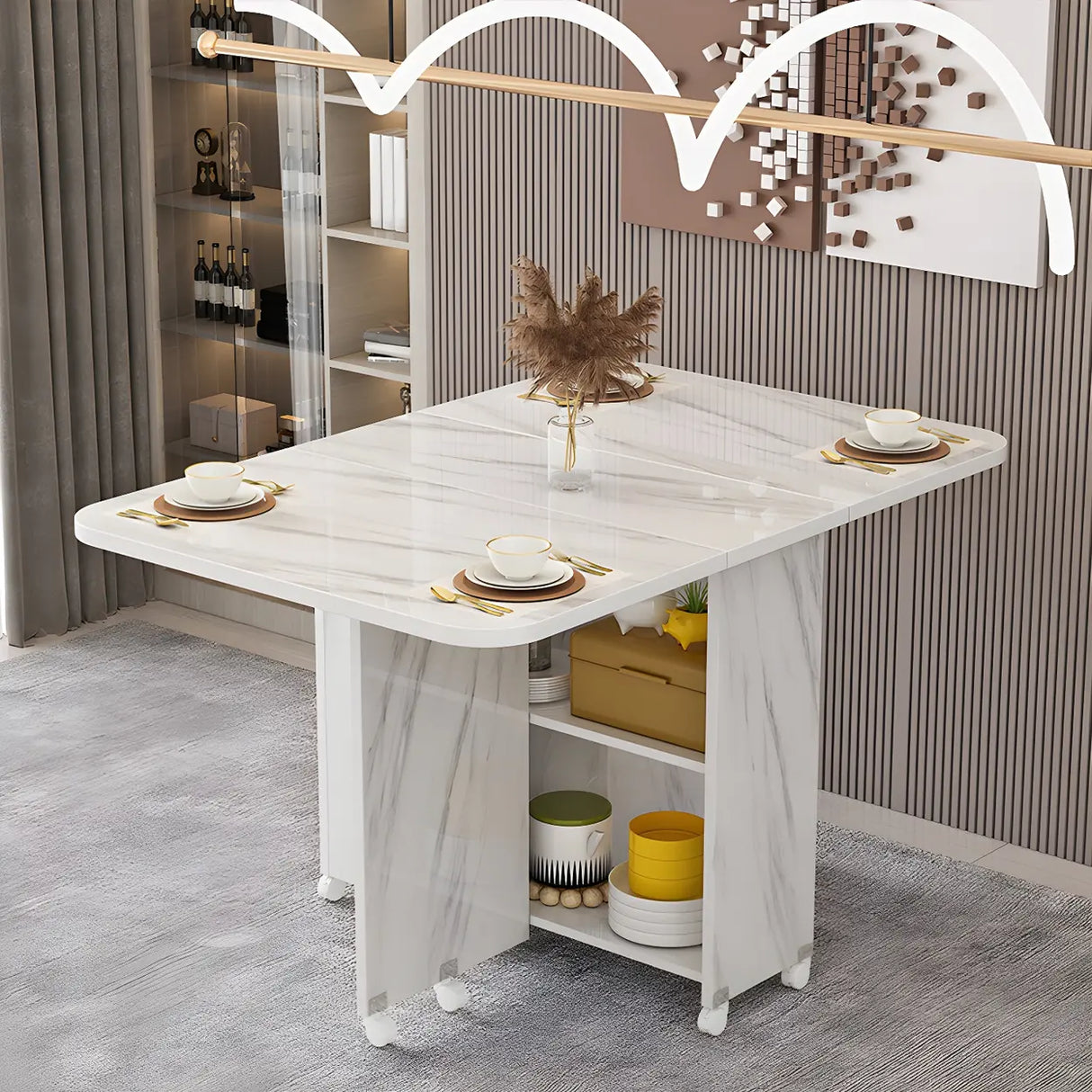 Modern Rectangular Drop-Leaf White Folding Dining Table Image - 3