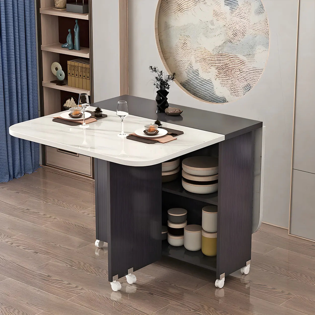 Modern Rectangular Drop-Leaf White Folding Dining Table Image - 4