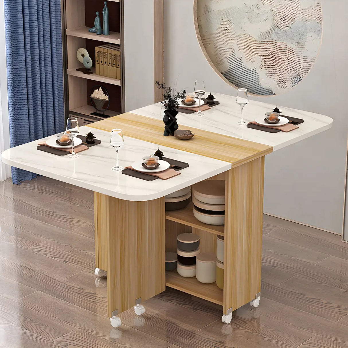 Modern Rectangular Drop-Leaf White Folding Dining Table Image - 7