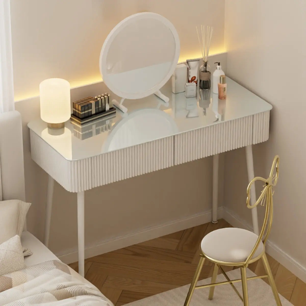 Modern Rectangular Glass Top Bedroom White Vanity Table Image - 1