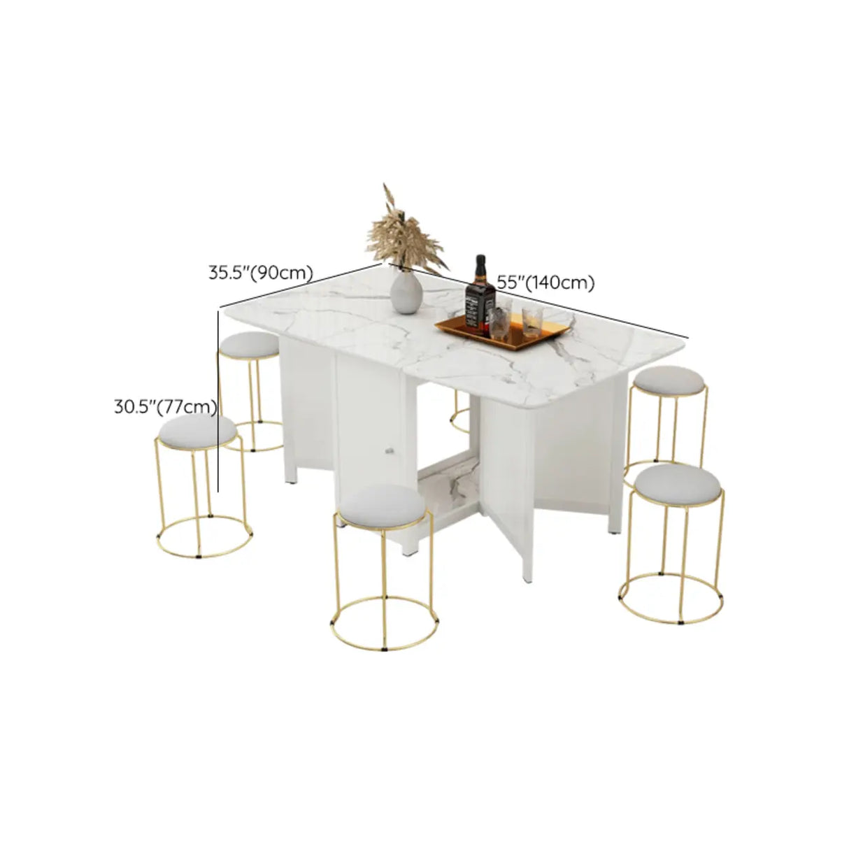 Modern Rectangular Marble Dining Table Drop Leaf White Image - 12