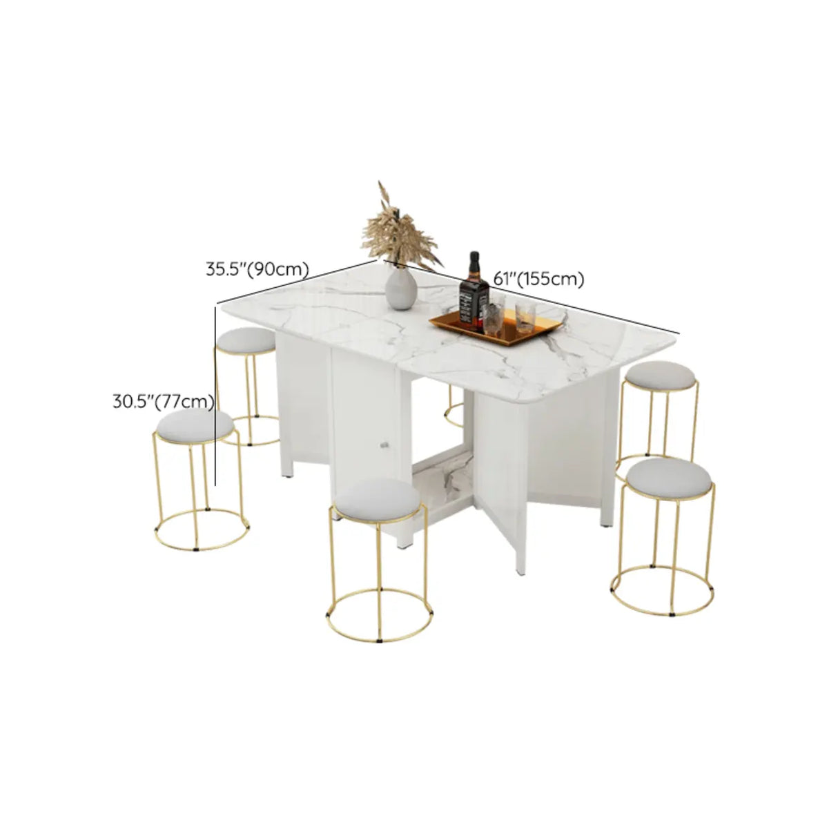 Modern Rectangular Marble Dining Table Drop Leaf White Image - 14