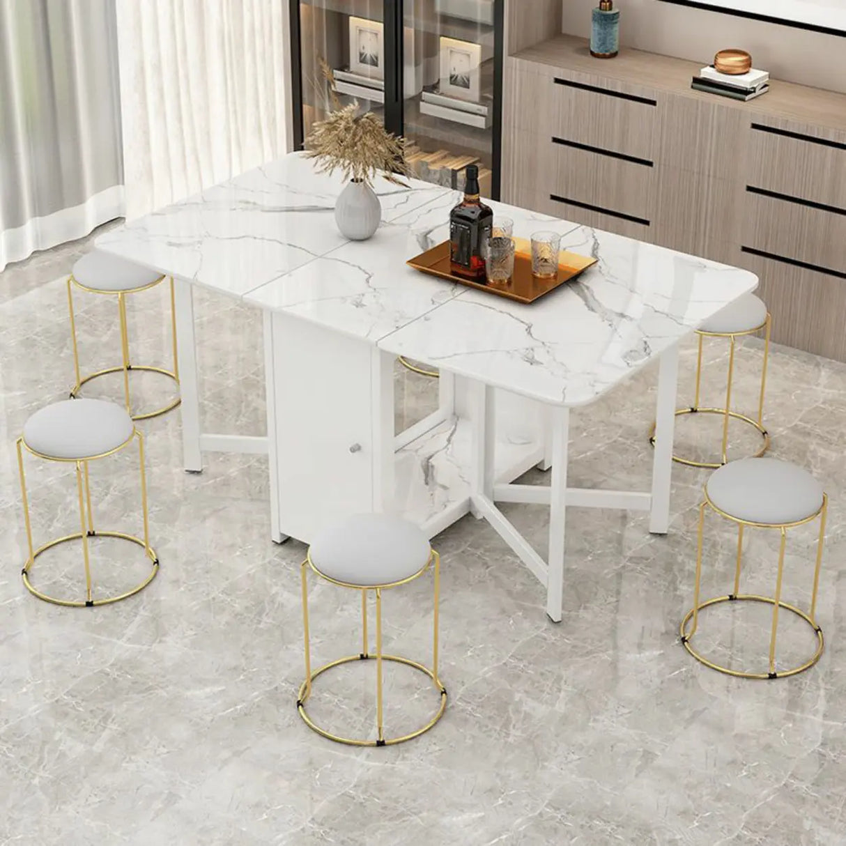 Modern Rectangular Marble Dining Table Drop Leaf White Image - 1