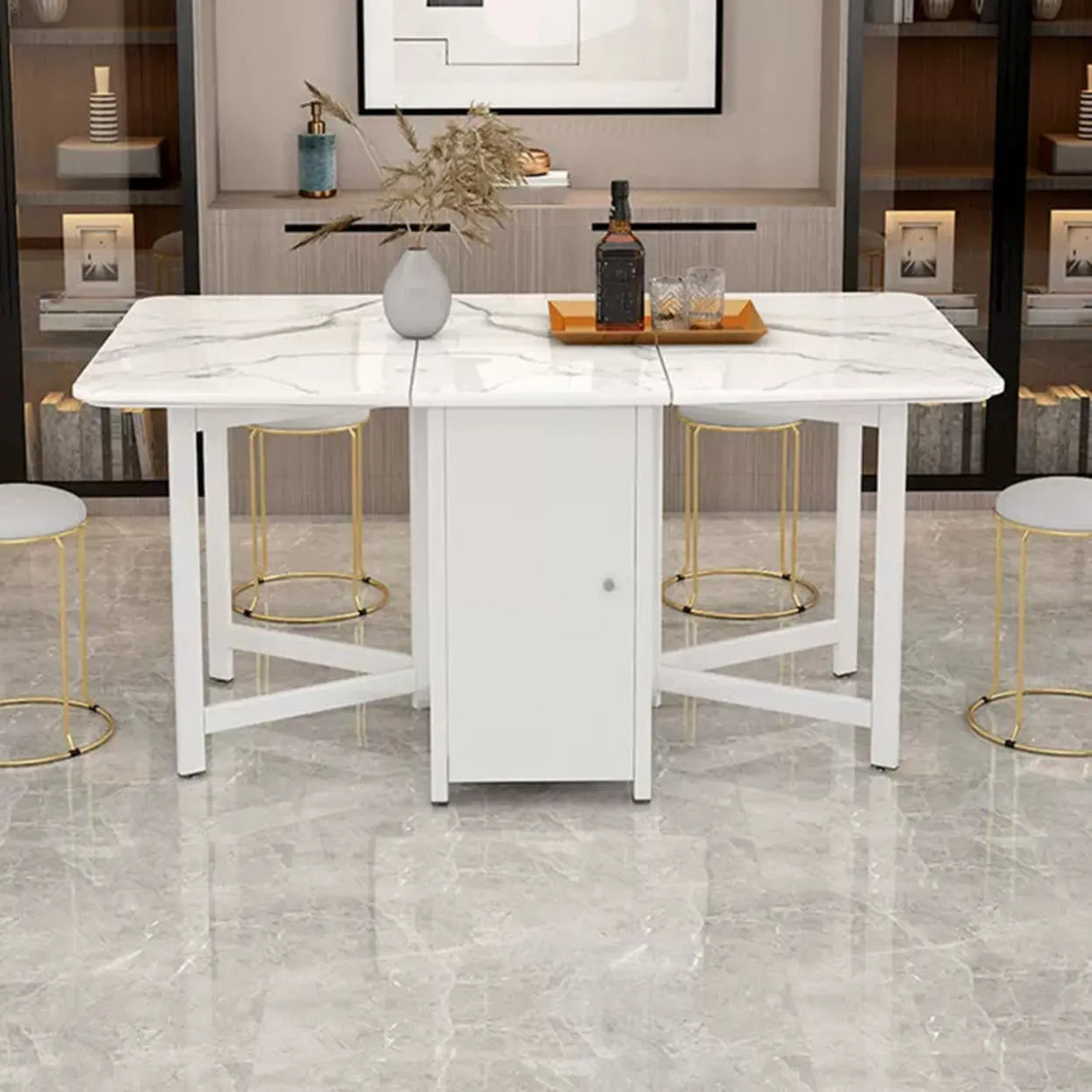 Modern Rectangular Marble Dining Table Drop Leaf White Image - 2