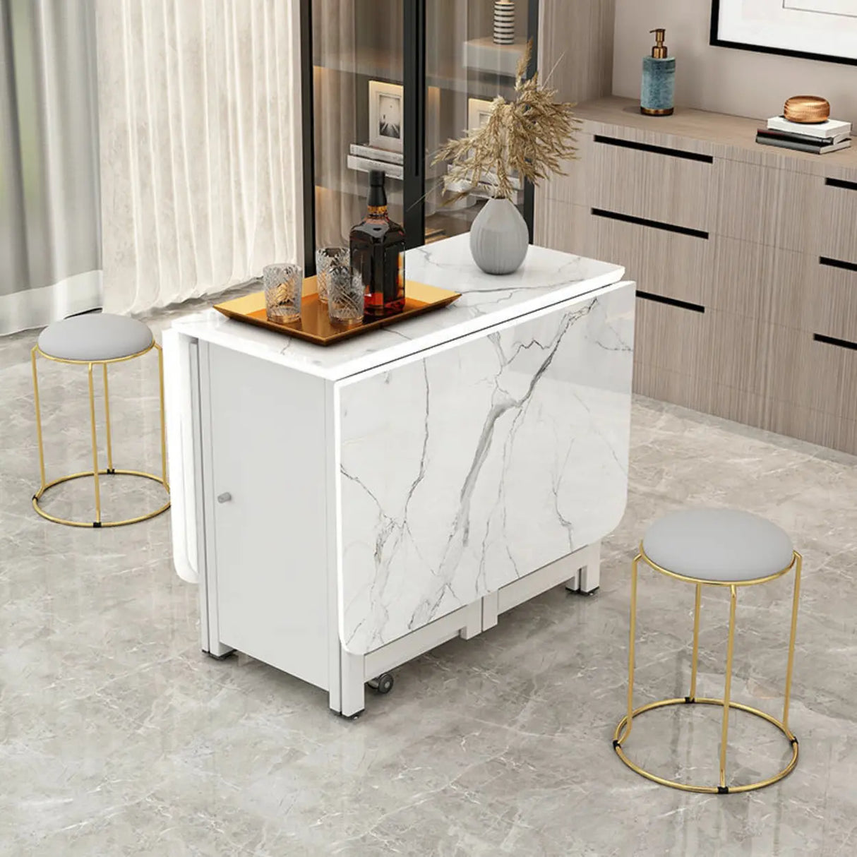 Modern Rectangular Marble Dining Table Drop Leaf White Image - 3