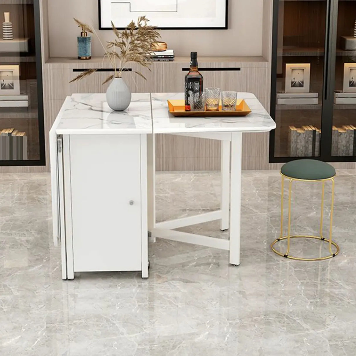 Modern Rectangular Marble Dining Table Drop Leaf White Image - 4