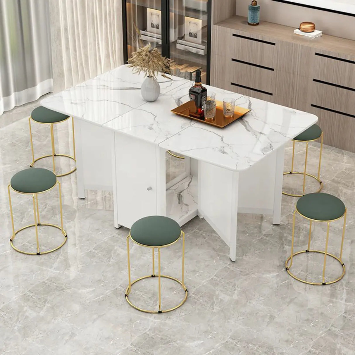 Modern Rectangular Marble Dining Table Drop Leaf White Image - 5