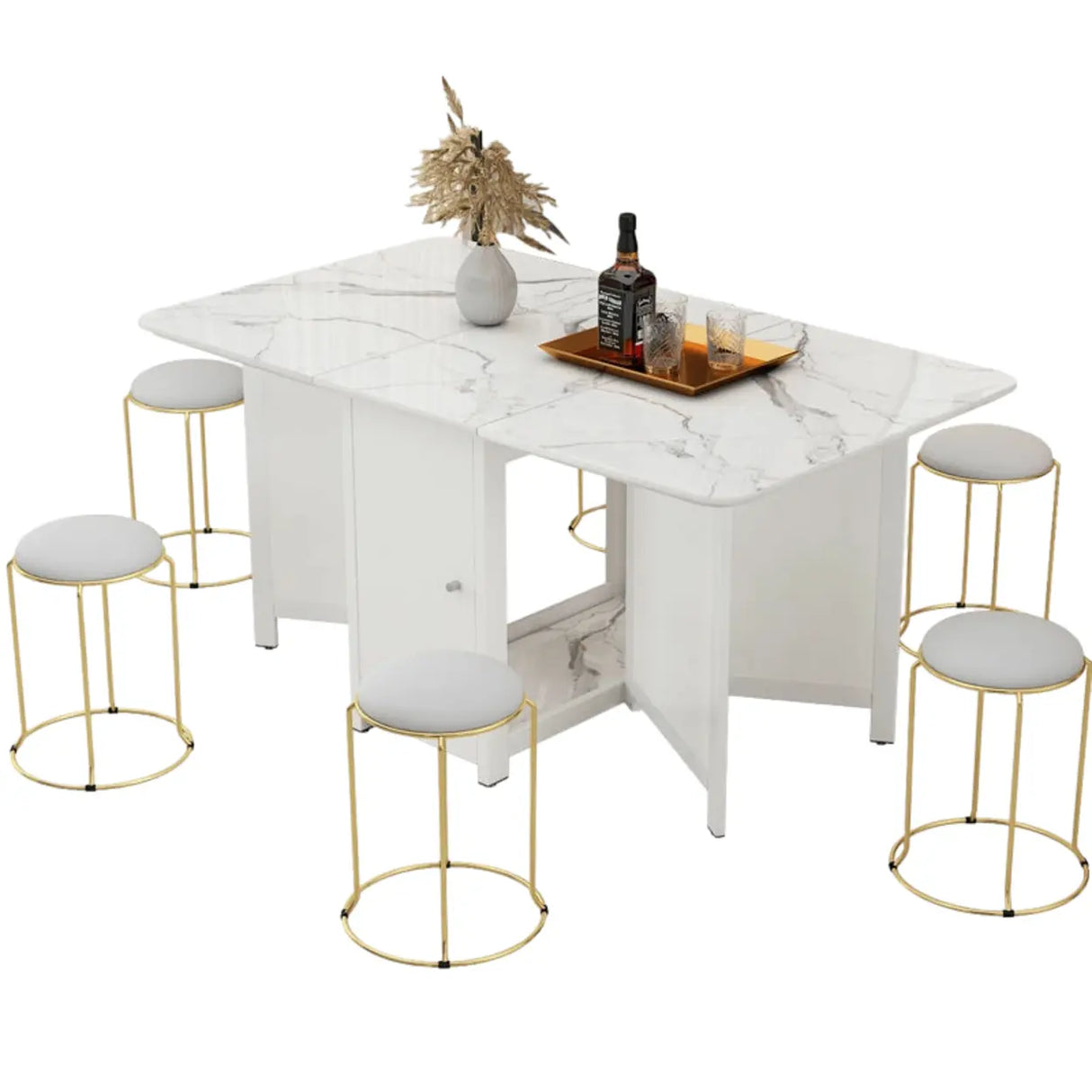 Modern Rectangular Marble Dining Table Drop Leaf White Image - 6