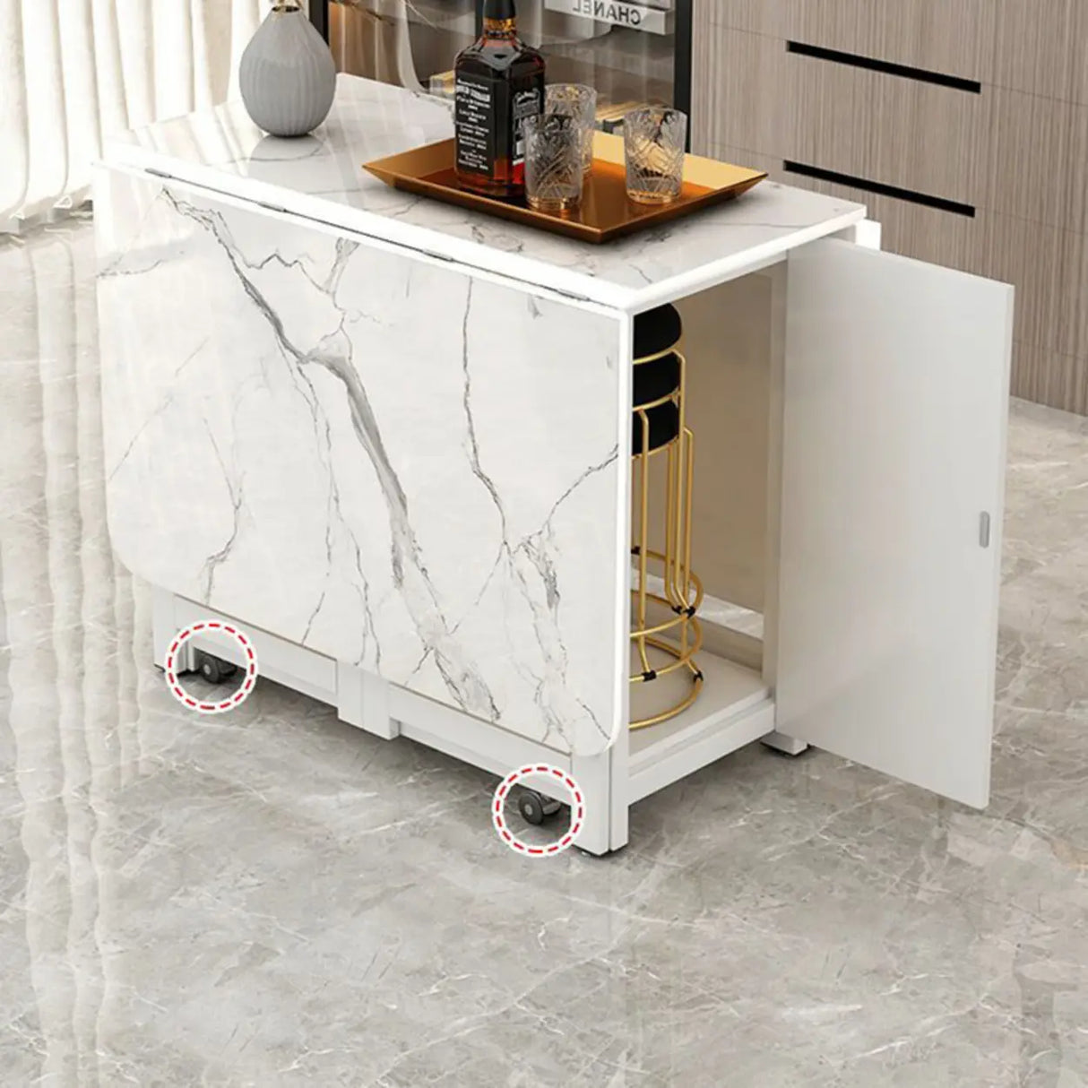 Modern Rectangular Marble Dining Table Drop Leaf White Image - 7