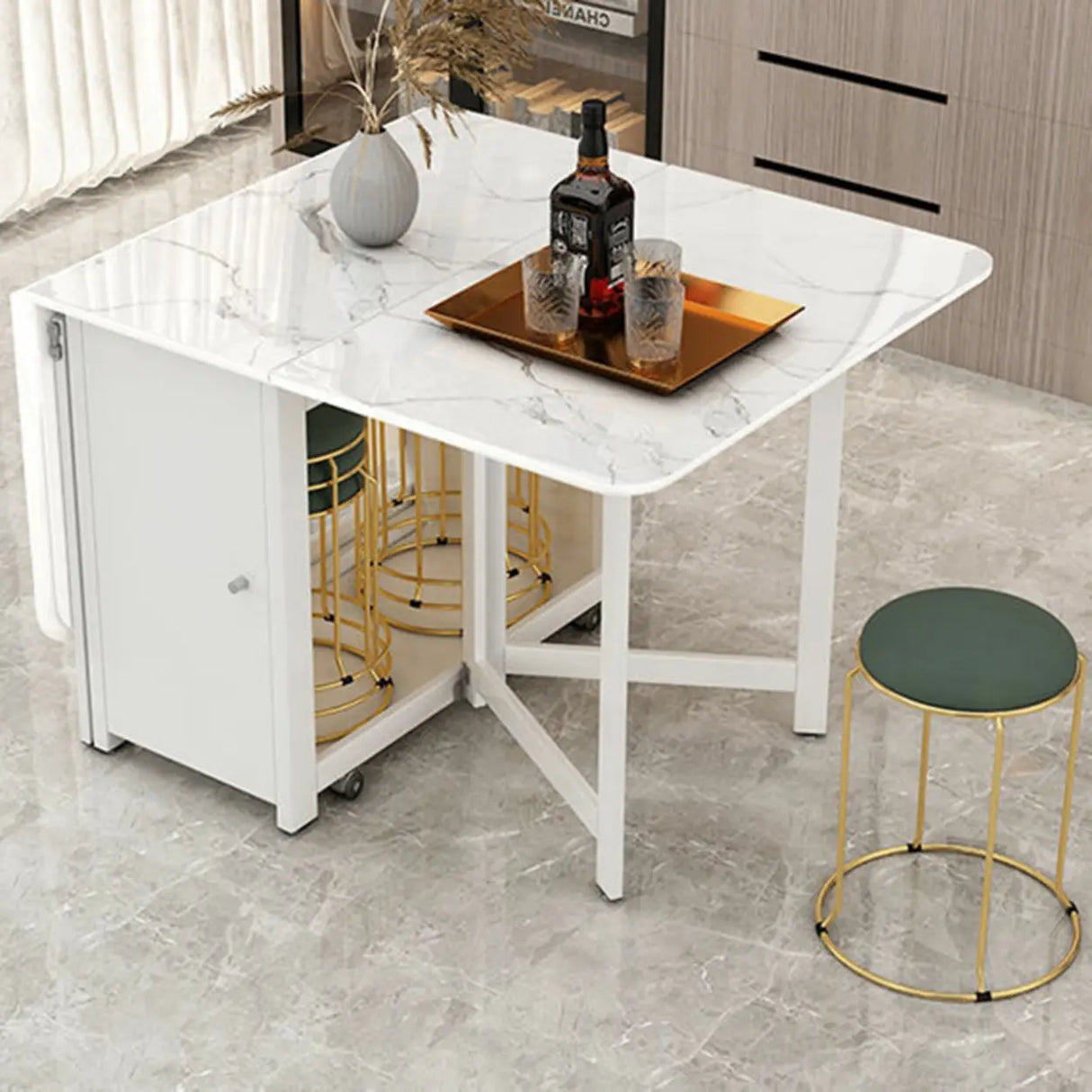 Modern Rectangular Marble Dining Table Drop Leaf White Image - 8