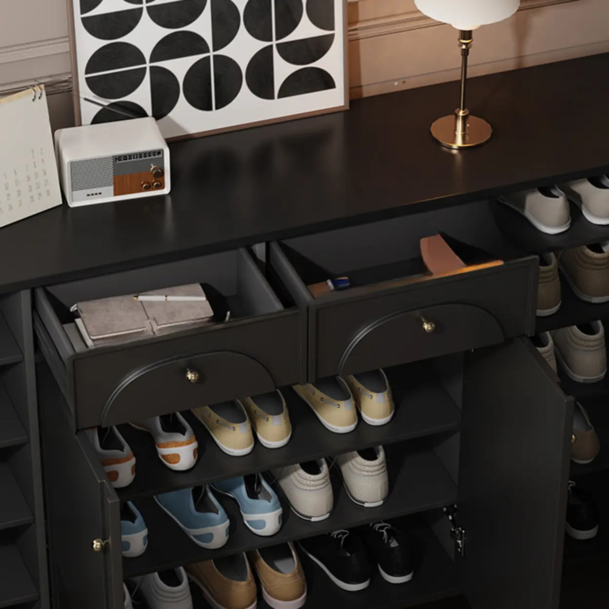 Modern Rectangular MDF Hallway Black Large Shoe Cabinet Image - 11