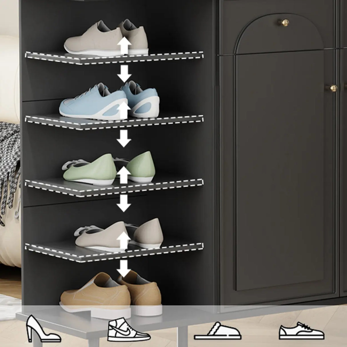 Modern Rectangular MDF Hallway Black Large Shoe Cabinet Image - 15