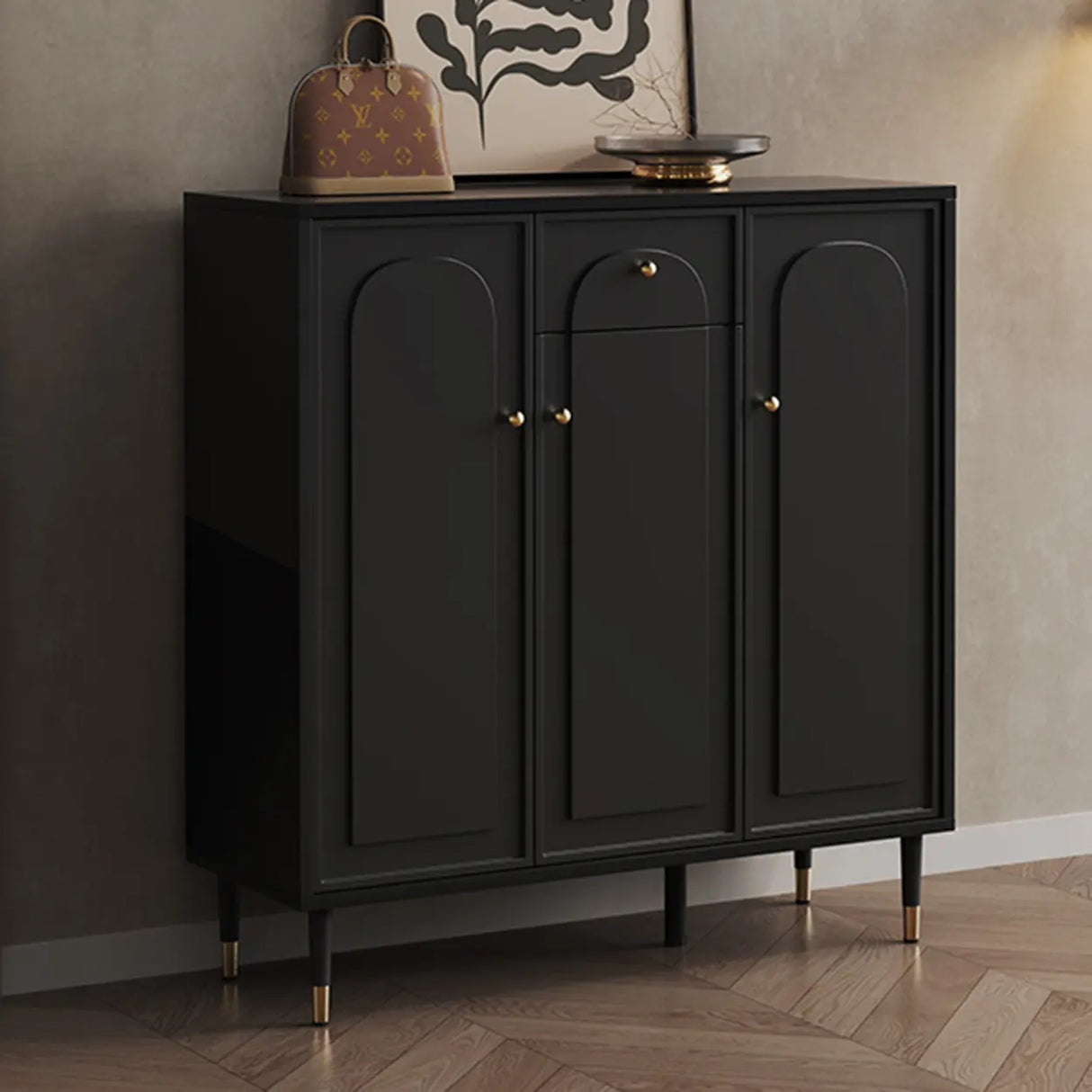 Modern Rectangular MDF Hallway Black Large Shoe Cabinet Image - 3