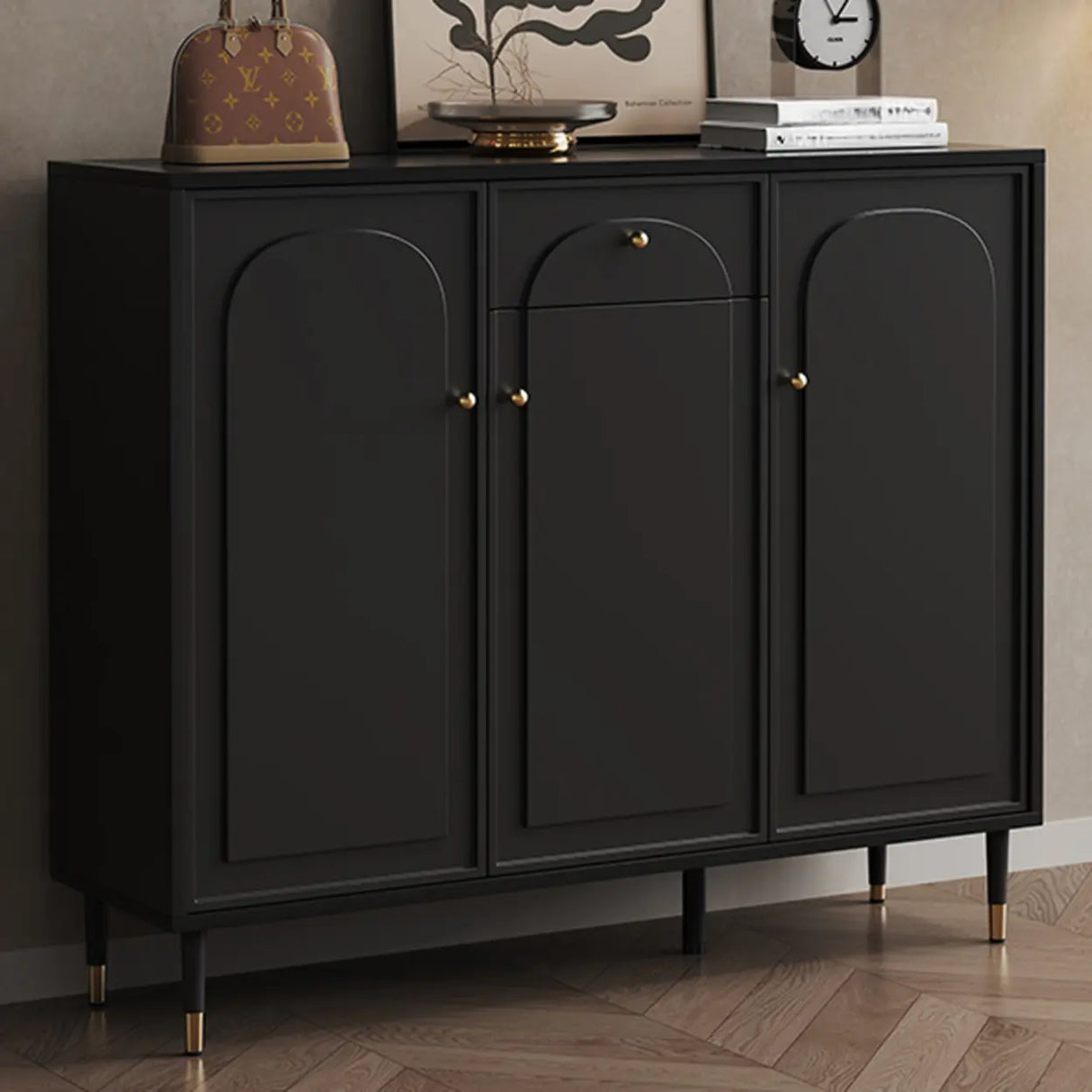 Modern Rectangular MDF Hallway Black Large Shoe Cabinet Image - 5