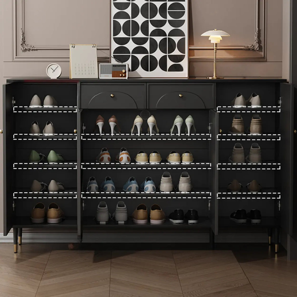Modern Rectangular MDF Hallway Black Large Shoe Cabinet Image - 8