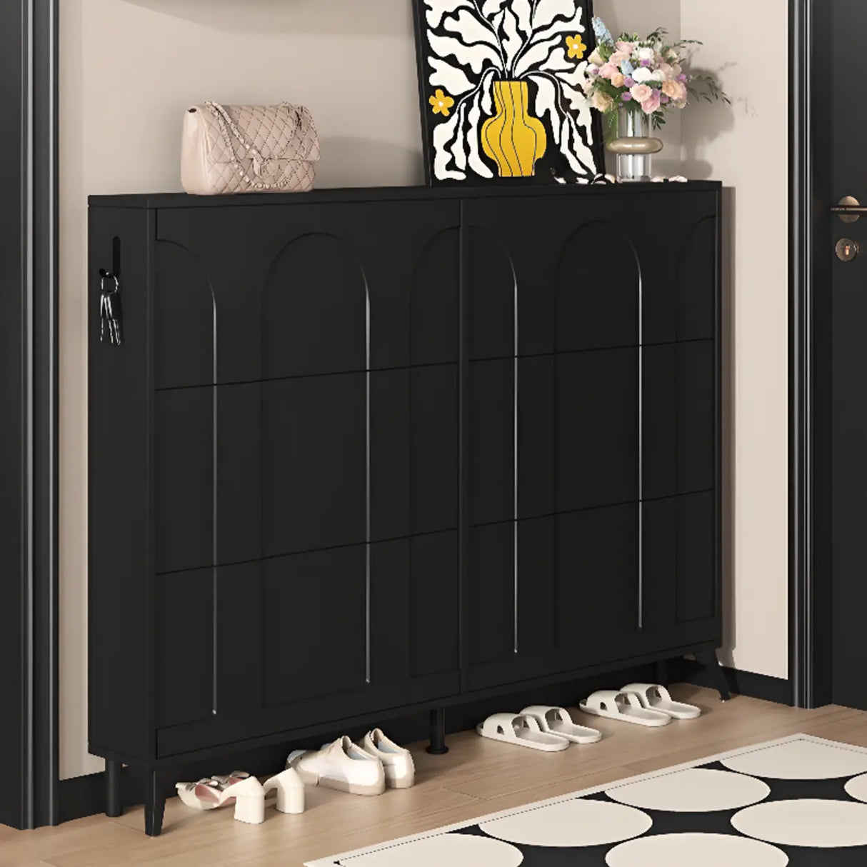 Modern Rectangular Metal Entryway Black Large Shoe Cabinet Image - 1