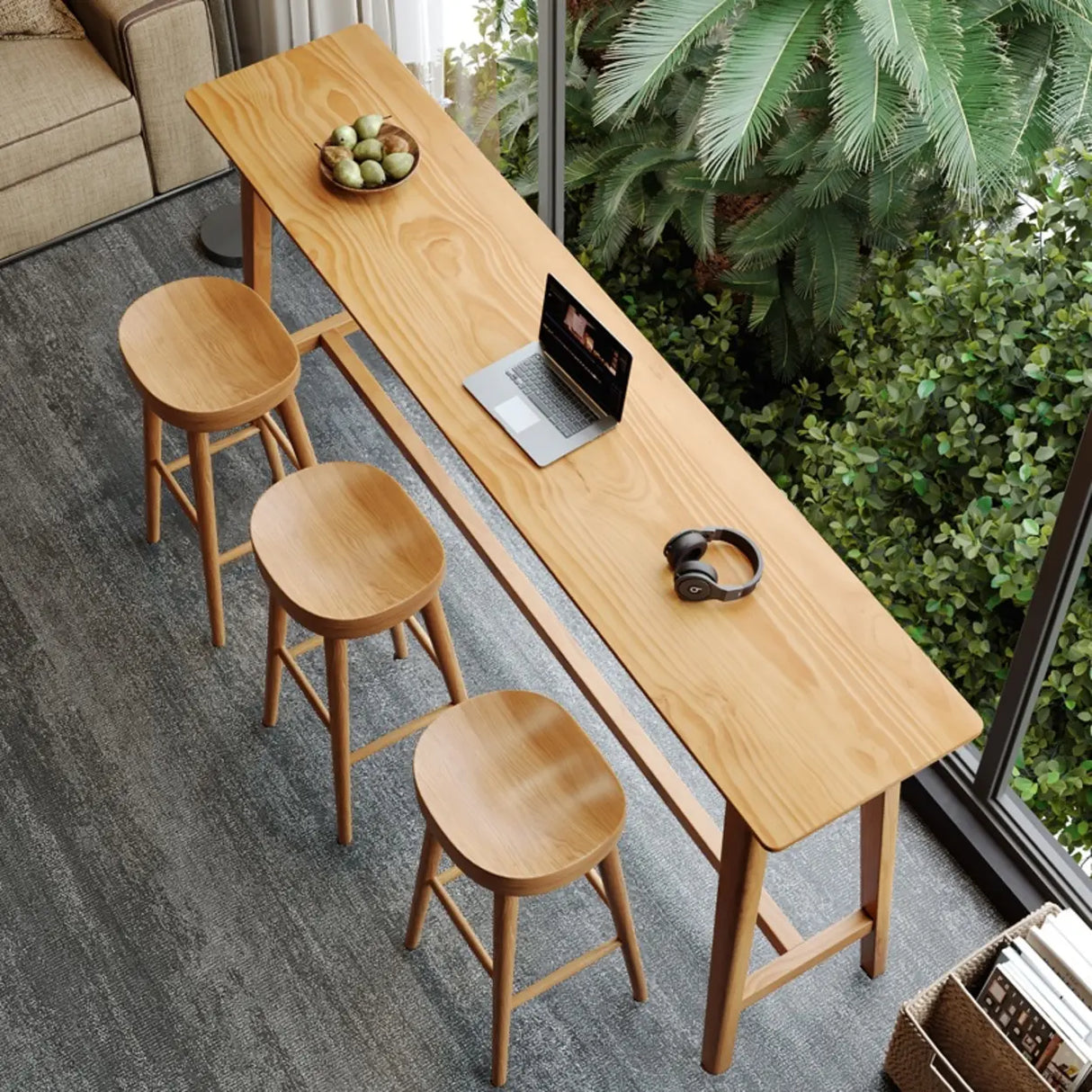 Modern Rectangular Natural Wood Bar Table With Footrest Image - 3