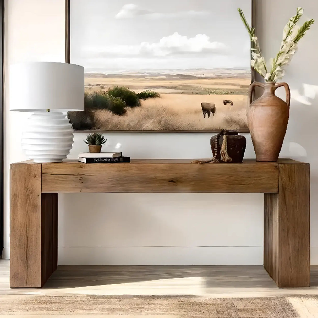 Modern Rectangular Pine Wood Sled Base Console Table Image - 5