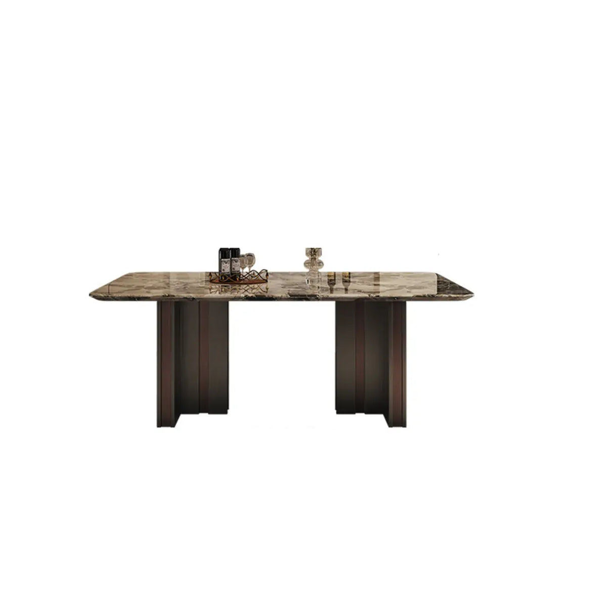 Modern Rectangular Stone Black Metal Pedestal Dining Table Image - 2