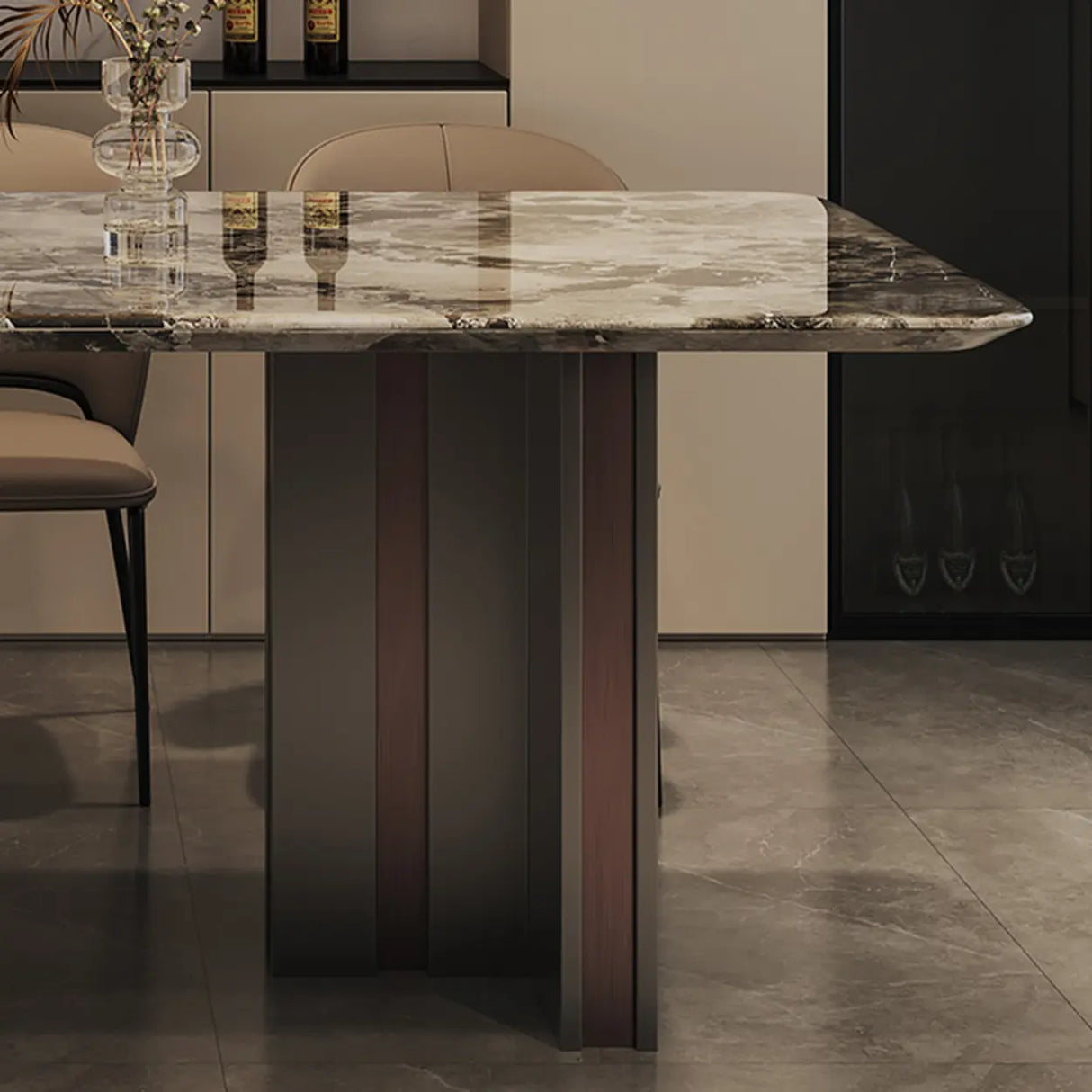 Modern Rectangular Stone Black Metal Pedestal Dining Table Image - 5