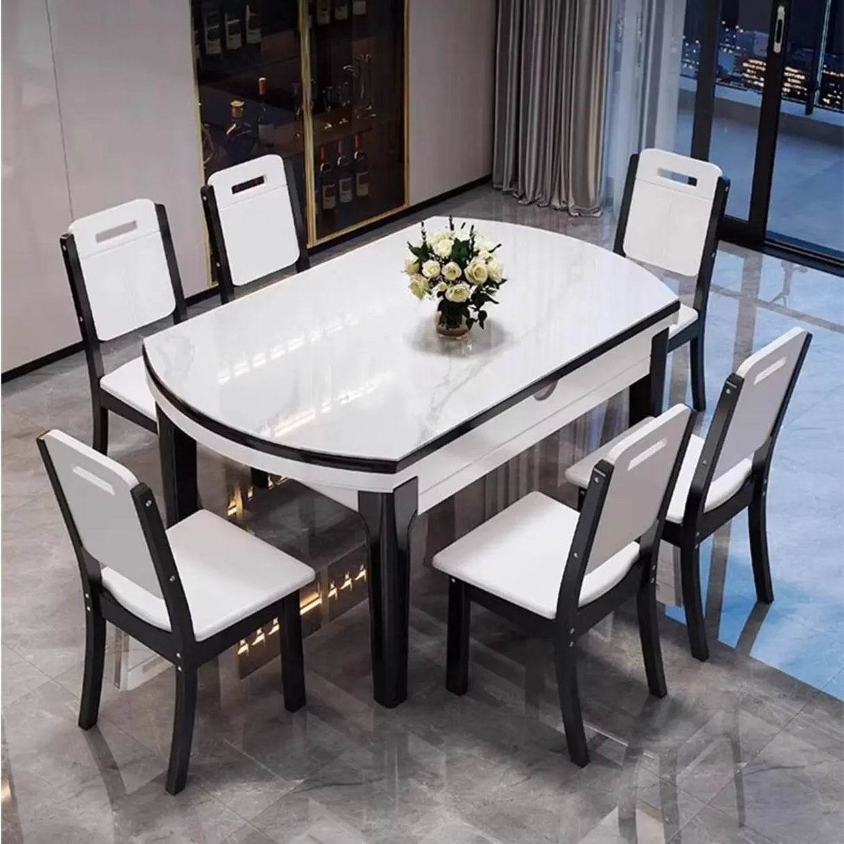 Modern Rectangular Stone Dining Table Black Legs Adjustable Image - 3