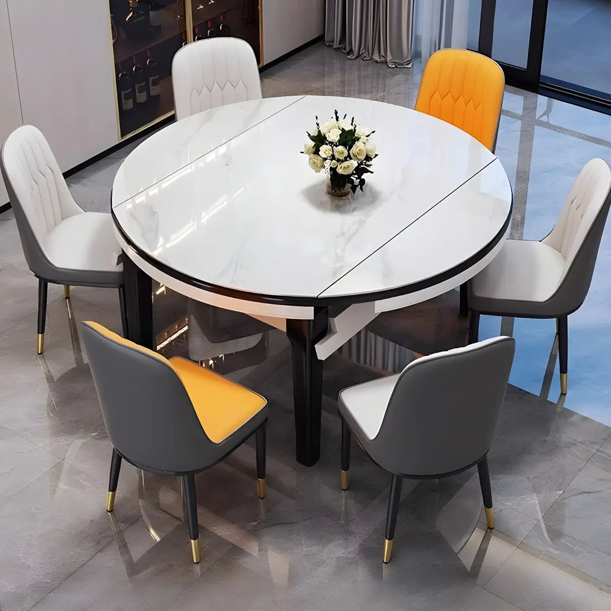 Modern Rectangular Stone Dining Table Black Legs Adjustable Image - 4