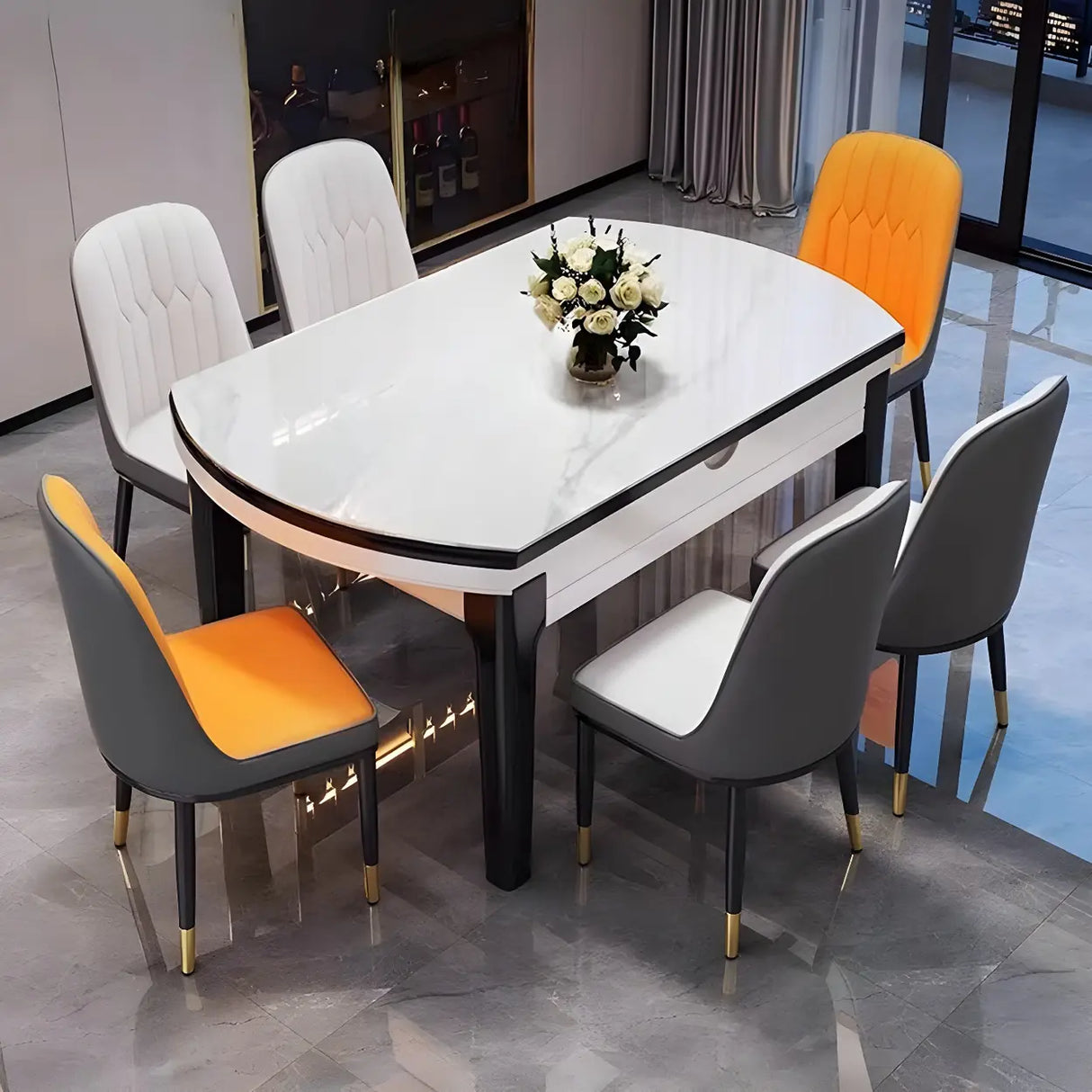 Modern Rectangular Stone Dining Table Black Legs Adjustable Image - 5