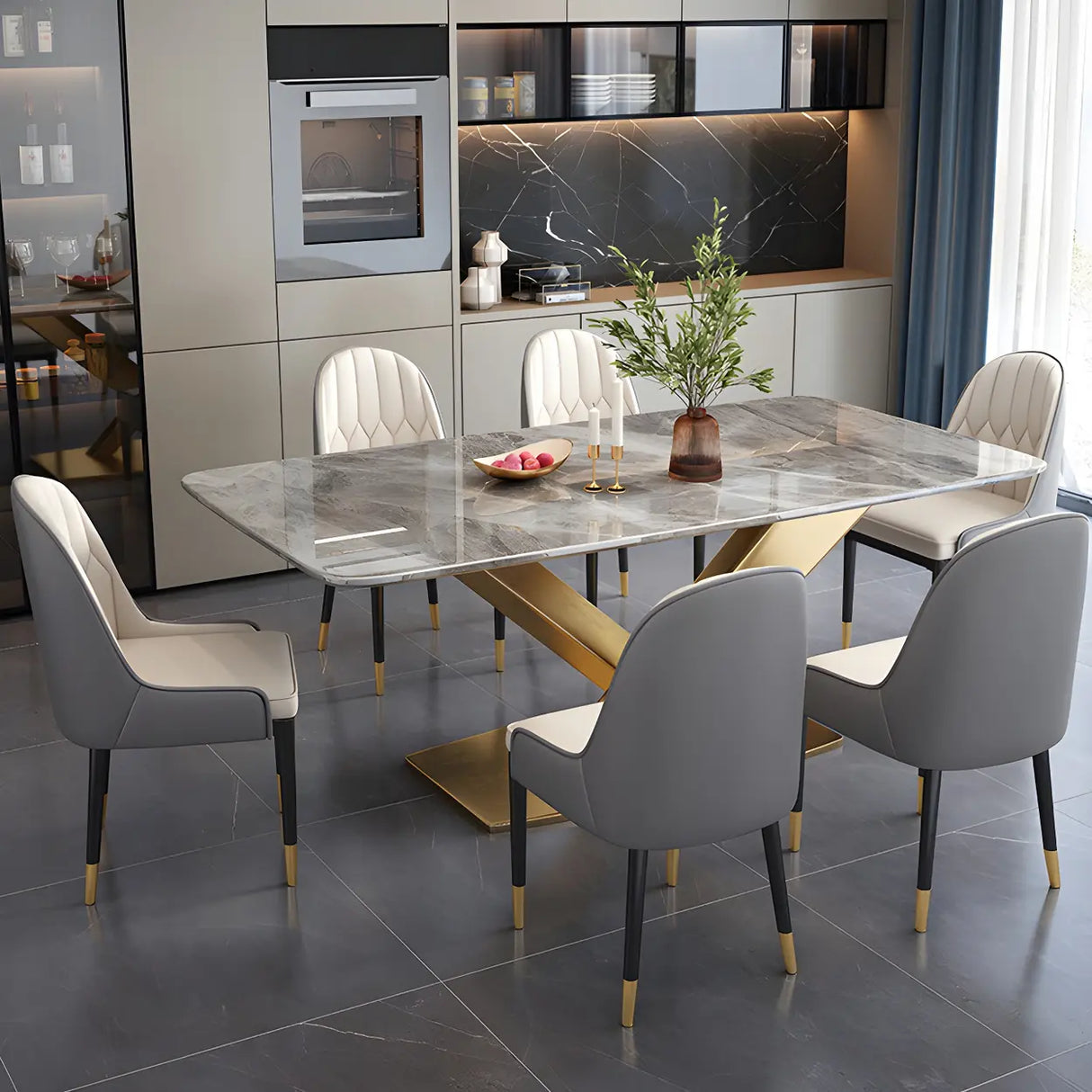 Modern Rectangular Stone Kitchen Grey Dining Table Image - 1